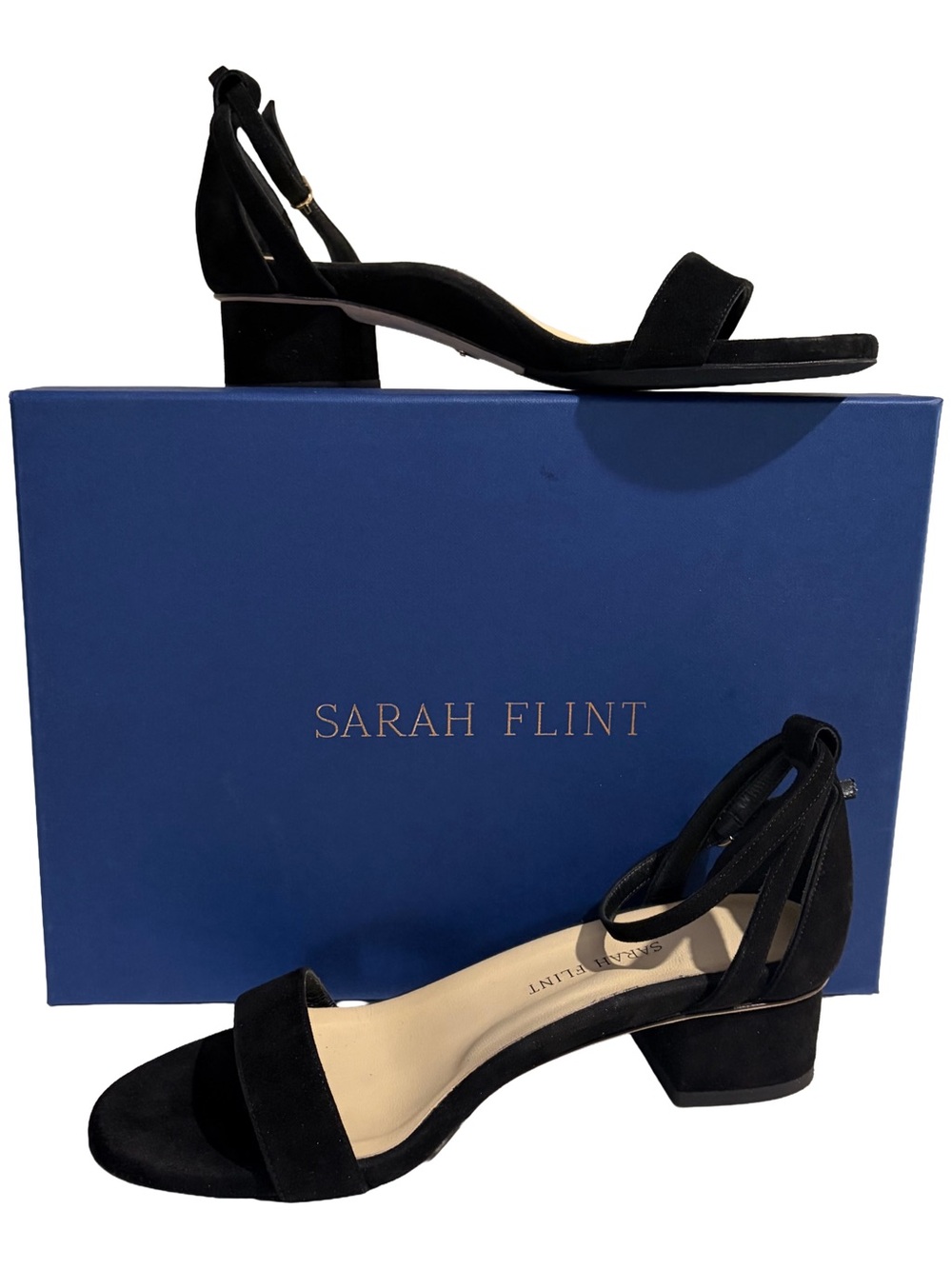 Sarah Flint Black Suede Low Block Heel Sandals with Ankle Tie